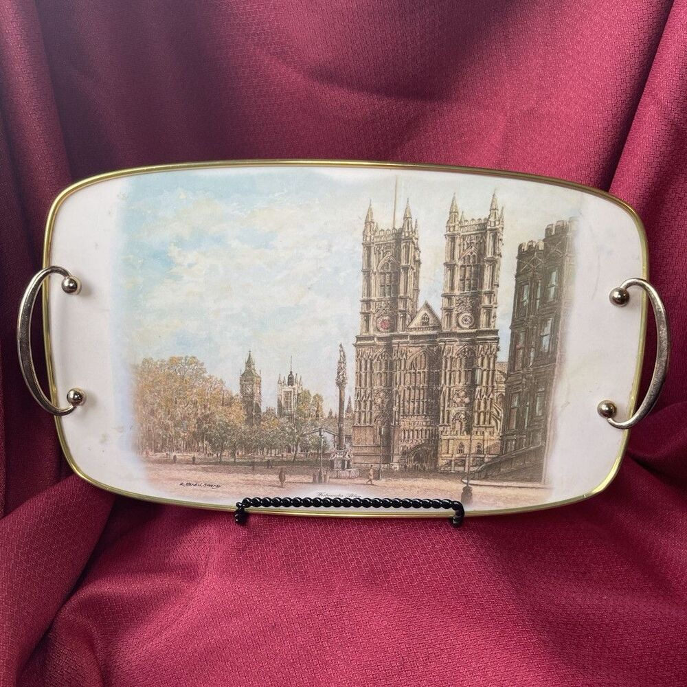 Vintage Westminster Abbey London Pictorial Serving Tray w/ Gold Handles